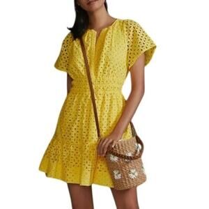 Anthropologie Women's Medium Petite Dress Yellow Somerset Eyelet Mini Dress